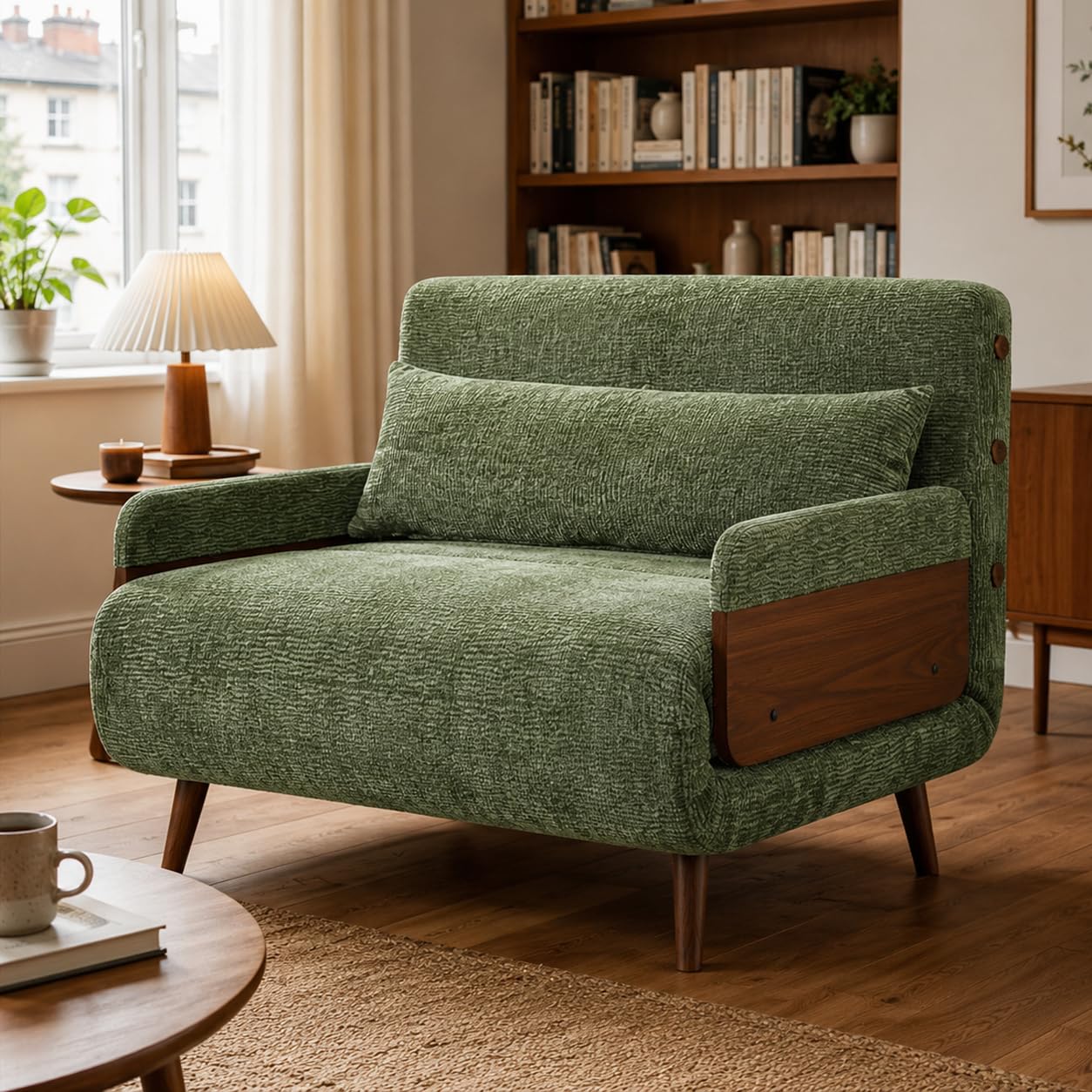 3-in-1 Sofa Bed Chair with Solid Wood Armrests and Legs, 110CM Green Velvet Design, Versatile Seating for Living Room and Guest Accommodation