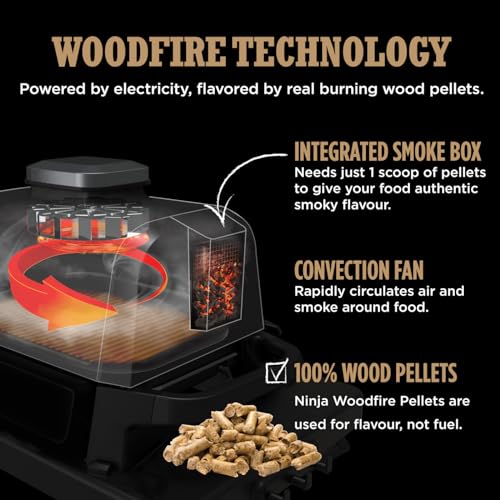 Ninja Woodfire Electric BBQ Grill & Smoker, 7-in-1 Outdoor Grill & Air Fryer, Roast, Bake, Dehydrate, Uses Woodfire Pellets, Weather Resistant, Non-Stick, Portable, Electric, Grey/Black, OG701UK