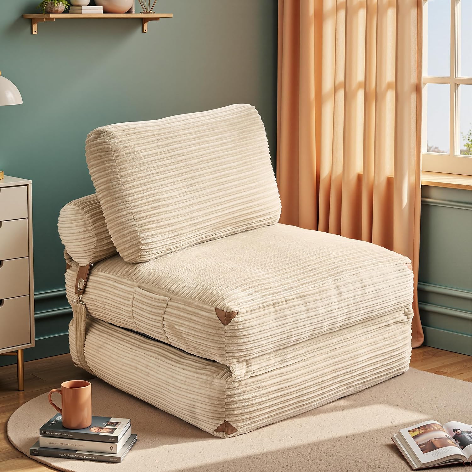 Folding Sofa Bed, Convertible Sleeper Chair with Pillow Back Support, Foldable Corduroy Futon Floor Couch, Comfy Fold Out Chair Bed for Living Room Bedroom Dorm, Beige