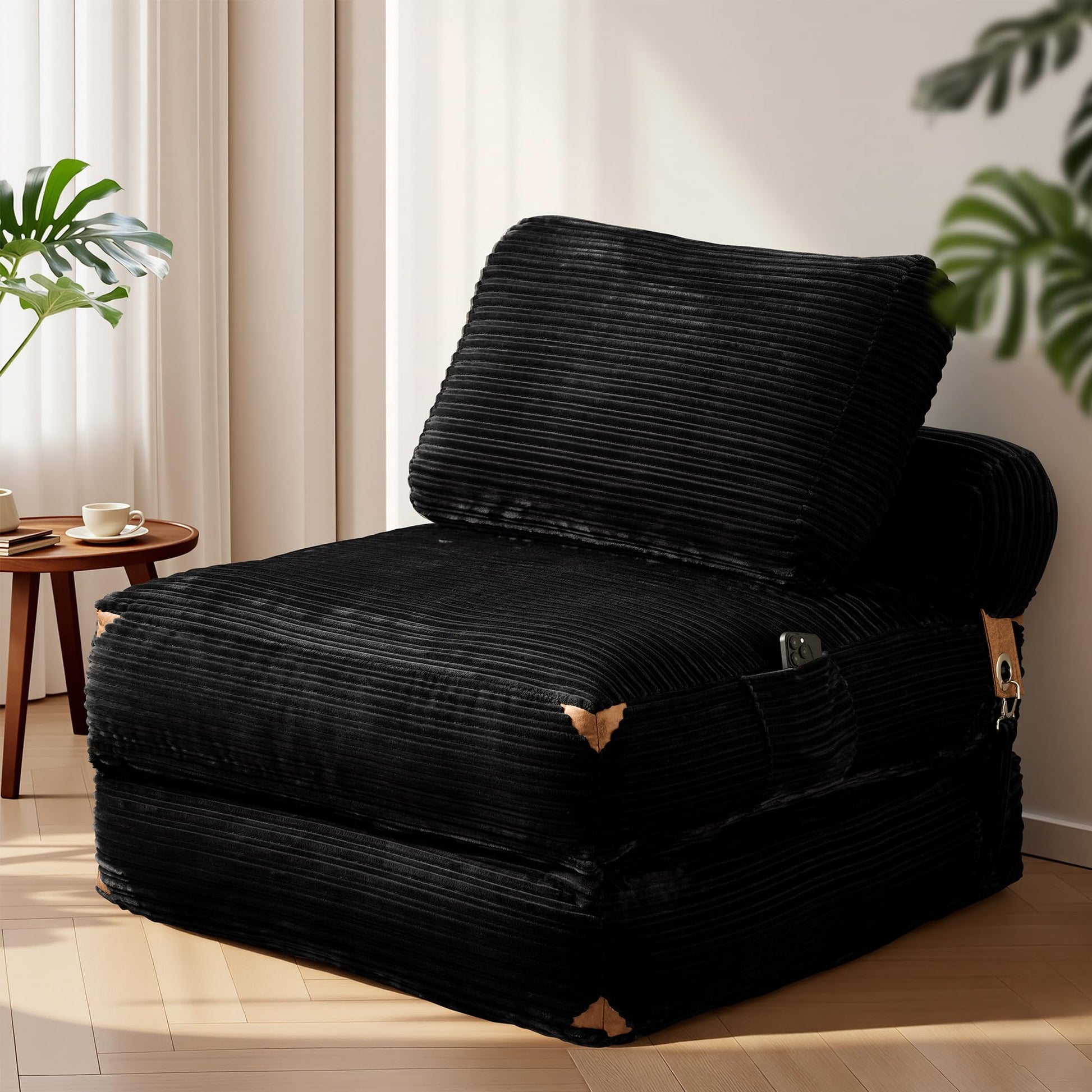 Folding Sofa Bed, Convertible Sleeper Chair with Pillow Back Support, Foldable Corduroy Futon Floor Couch, Comfy Fold Out Chair Bed for Living Room Bedroom Dorm, Beige