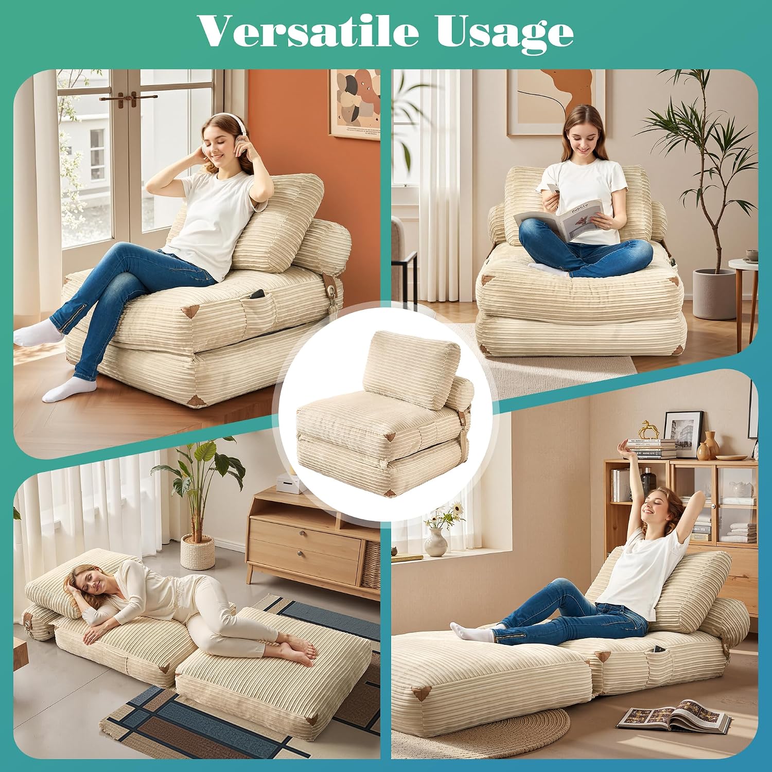 Folding Sofa Bed, Convertible Sleeper Chair with Pillow Back Support, Foldable Corduroy Futon Floor Couch, Comfy Fold Out Chair Bed for Living Room Bedroom Dorm, Beige