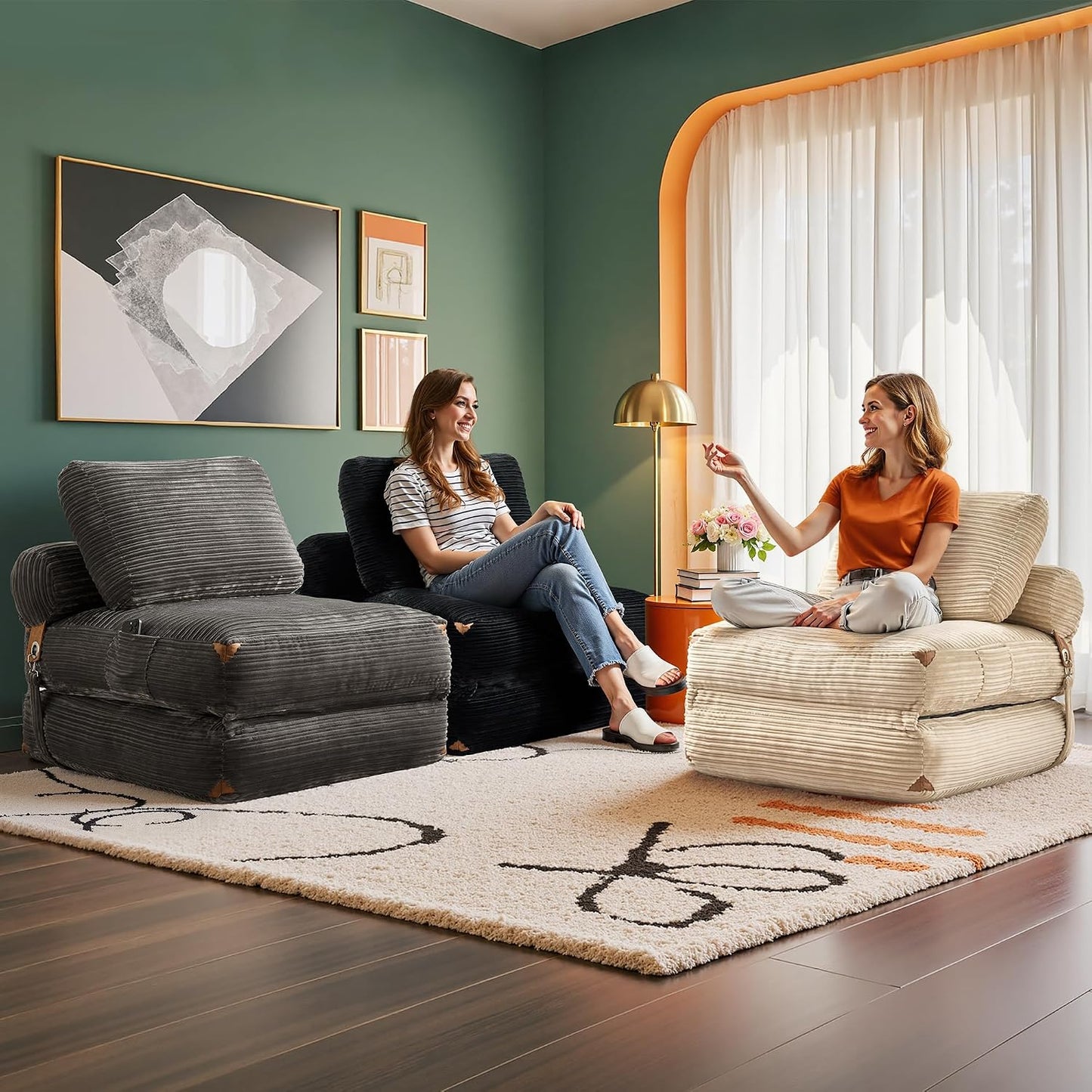 Folding Sofa Bed, Convertible Sleeper Chair with Pillow Back Support, Foldable Corduroy Futon Floor Couch, Comfy Fold Out Chair Bed for Living Room Bedroom Dorm, Beige