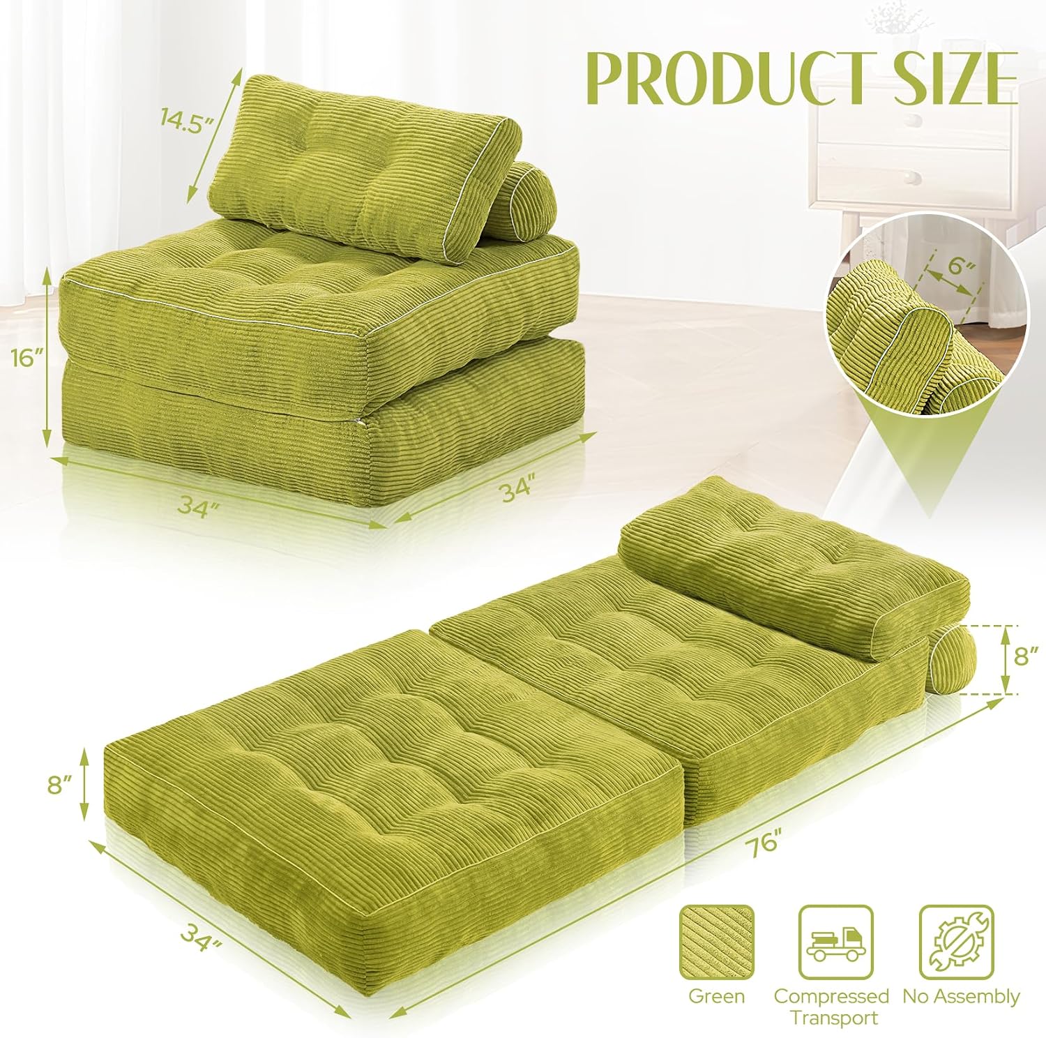 HABUTWAY Folding Sofa Bed,Convertible Sleeper Chair Bed w/2-Pillow & Handle