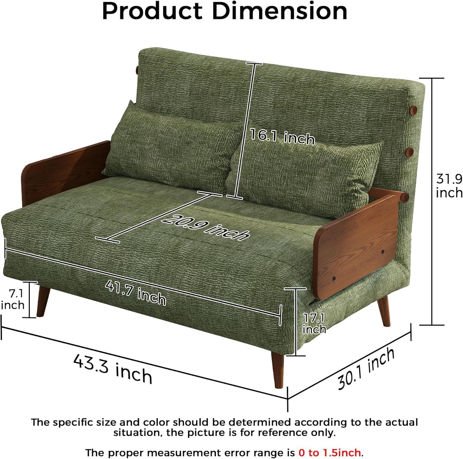3-in-1 Sofa Bed Chair with Solid Wood Armrests and Legs, 110CM Green Velvet Design, Versatile Seating for Living Room and Guest Accommodation