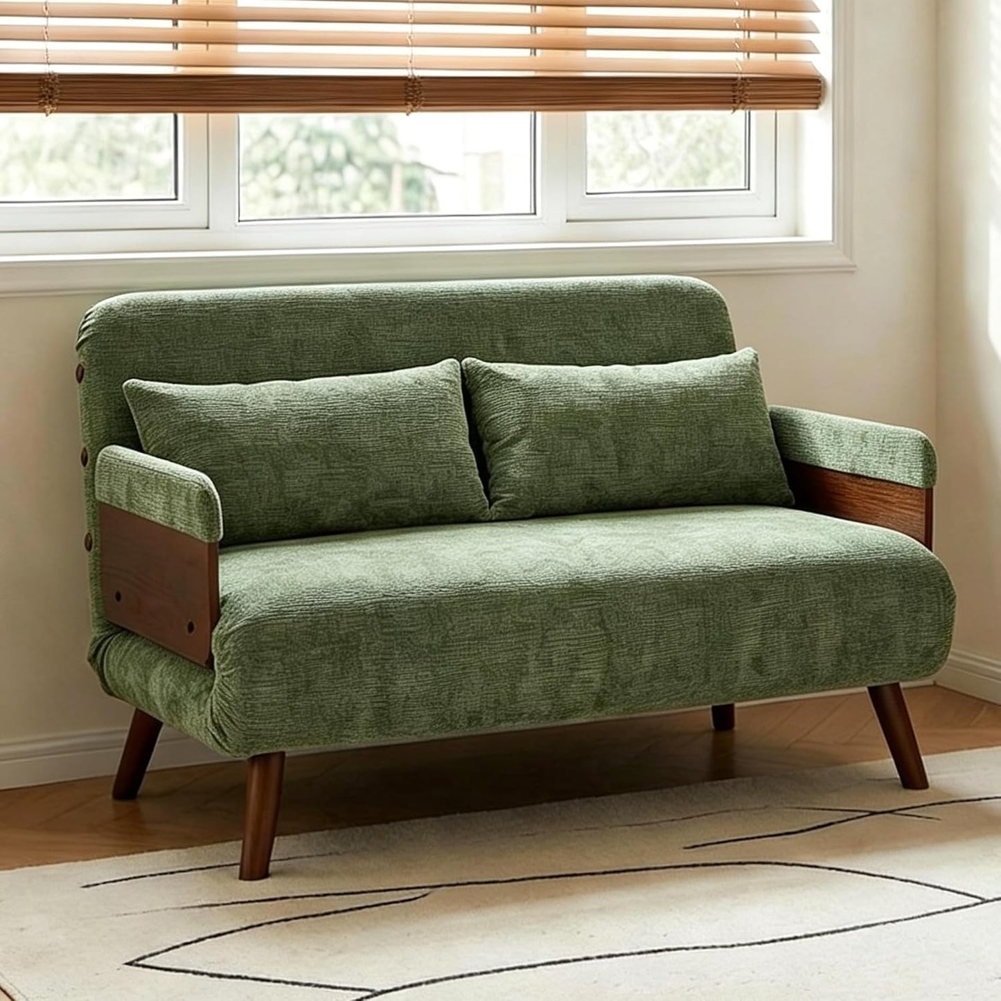 3-in-1 Sofa Bed Chair with Solid Wood Armrests and Legs, 110CM Green Velvet Design, Versatile Seating for Living Room and Guest Accommodation