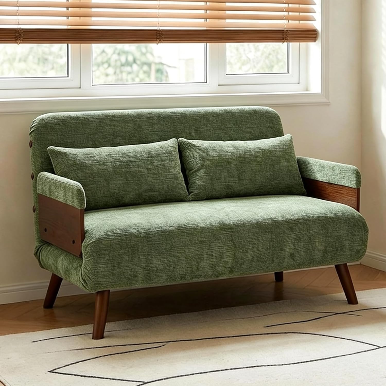 3-in-1 Sofa Bed Chair with Solid Wood Armrests and Legs, 110CM Green Velvet Design, Versatile Seating for Living Room and Guest Accommodation