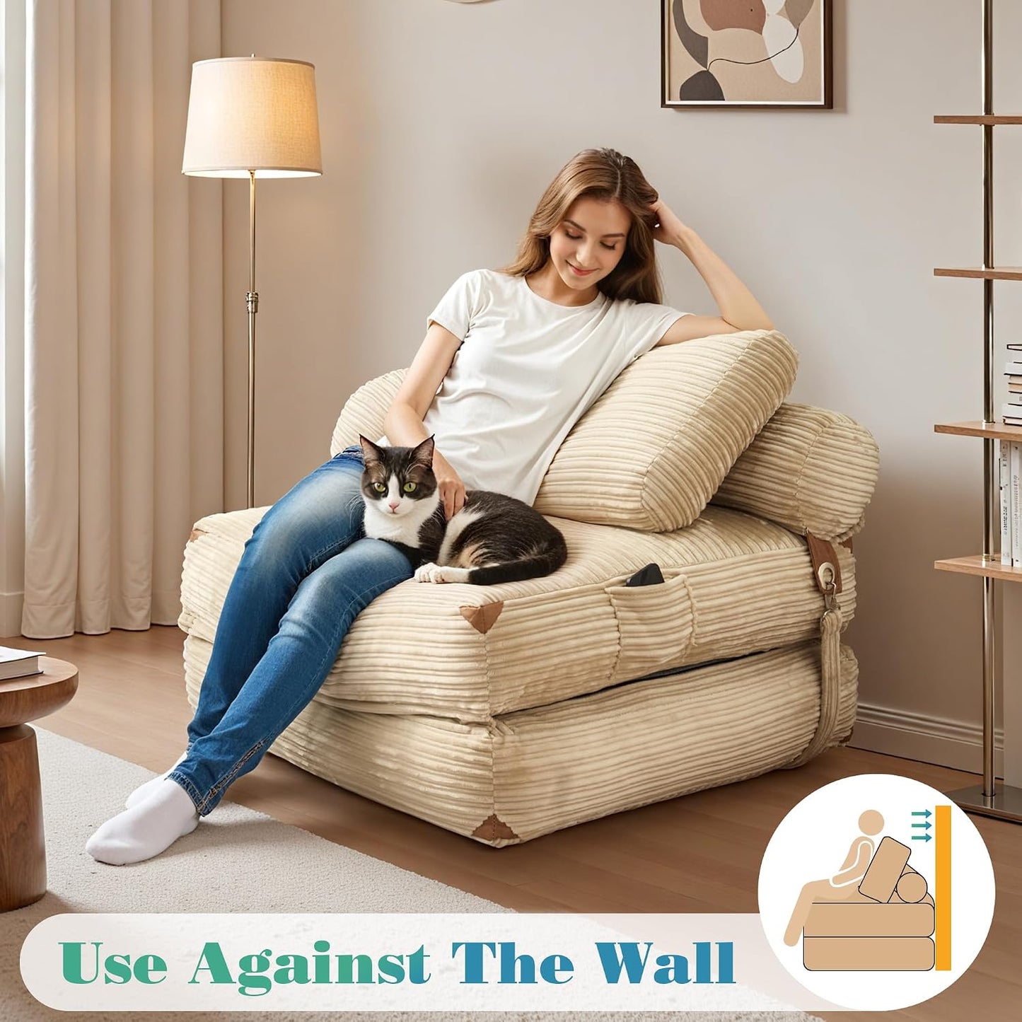 Folding Sofa Bed, Convertible Sleeper Chair with Pillow Back Support, Foldable Corduroy Futon Floor Couch, Comfy Fold Out Chair Bed for Living Room Bedroom Dorm, Beige