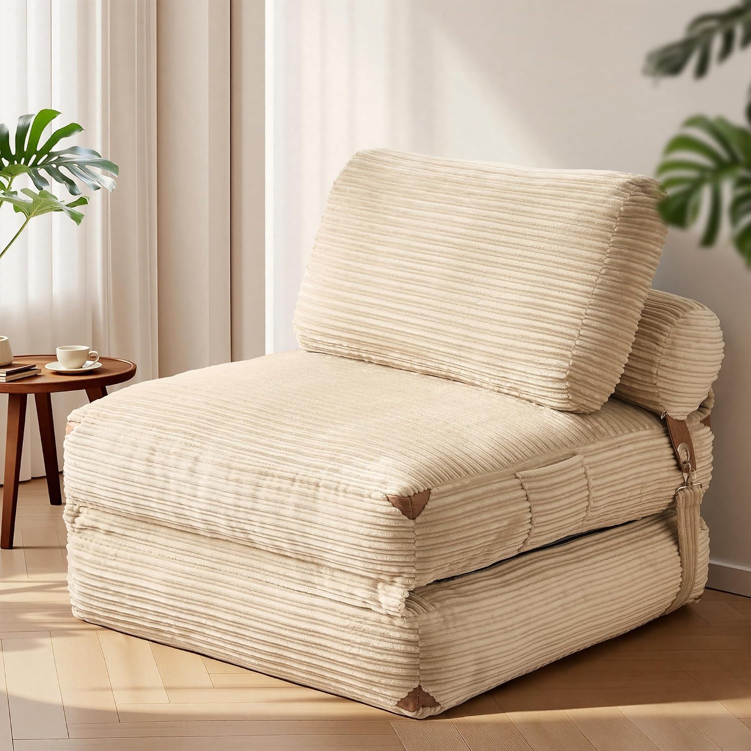 Folding Sofa Bed, Convertible Sleeper Chair with Pillow Back Support, Foldable Corduroy Futon Floor Couch, Comfy Fold Out Chair Bed for Living Room Bedroom Dorm, Beige
