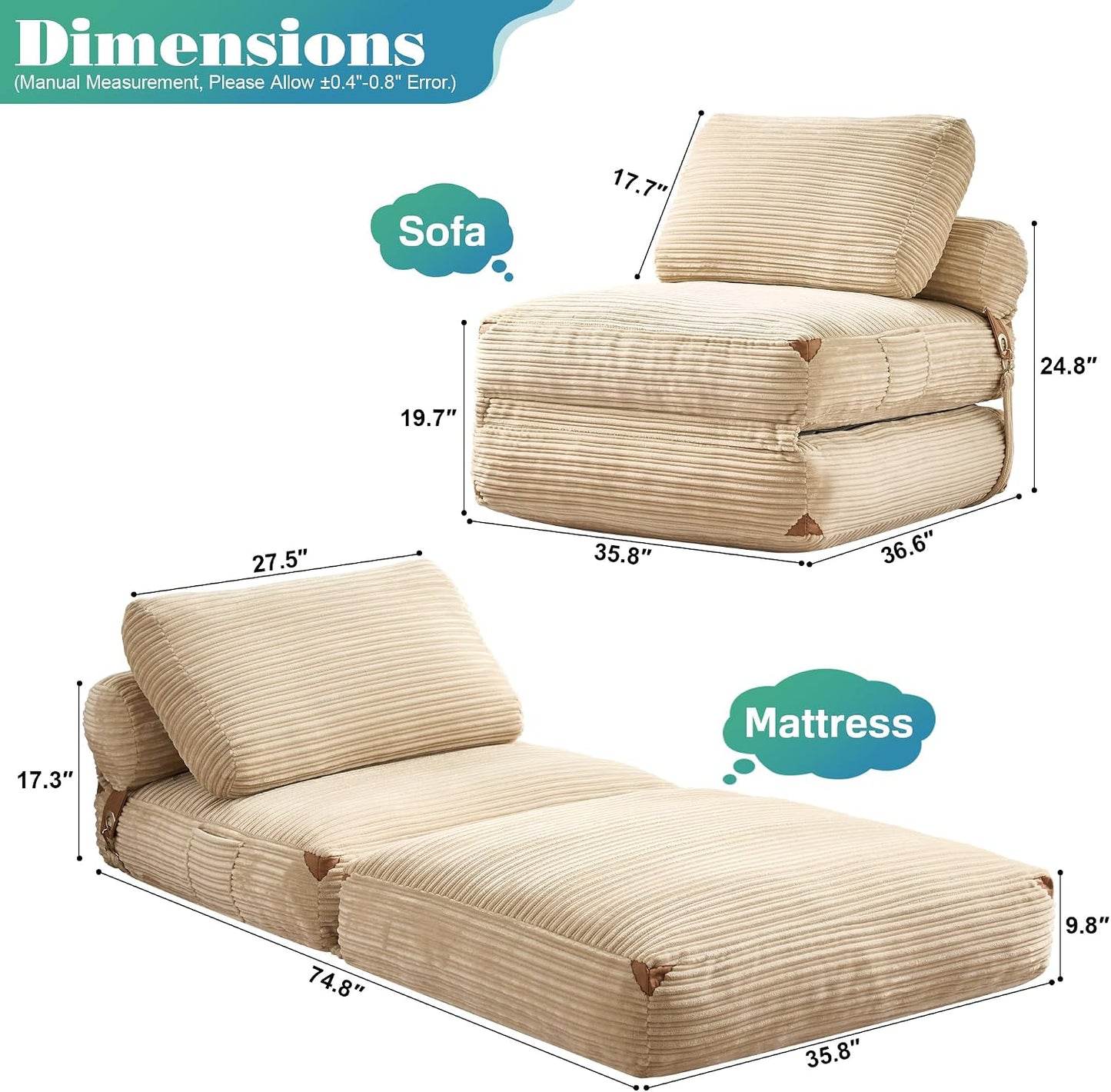 Folding Sofa Bed, Convertible Sleeper Chair with Pillow Back Support, Foldable Corduroy Futon Floor Couch, Comfy Fold Out Chair Bed for Living Room Bedroom Dorm, Beige