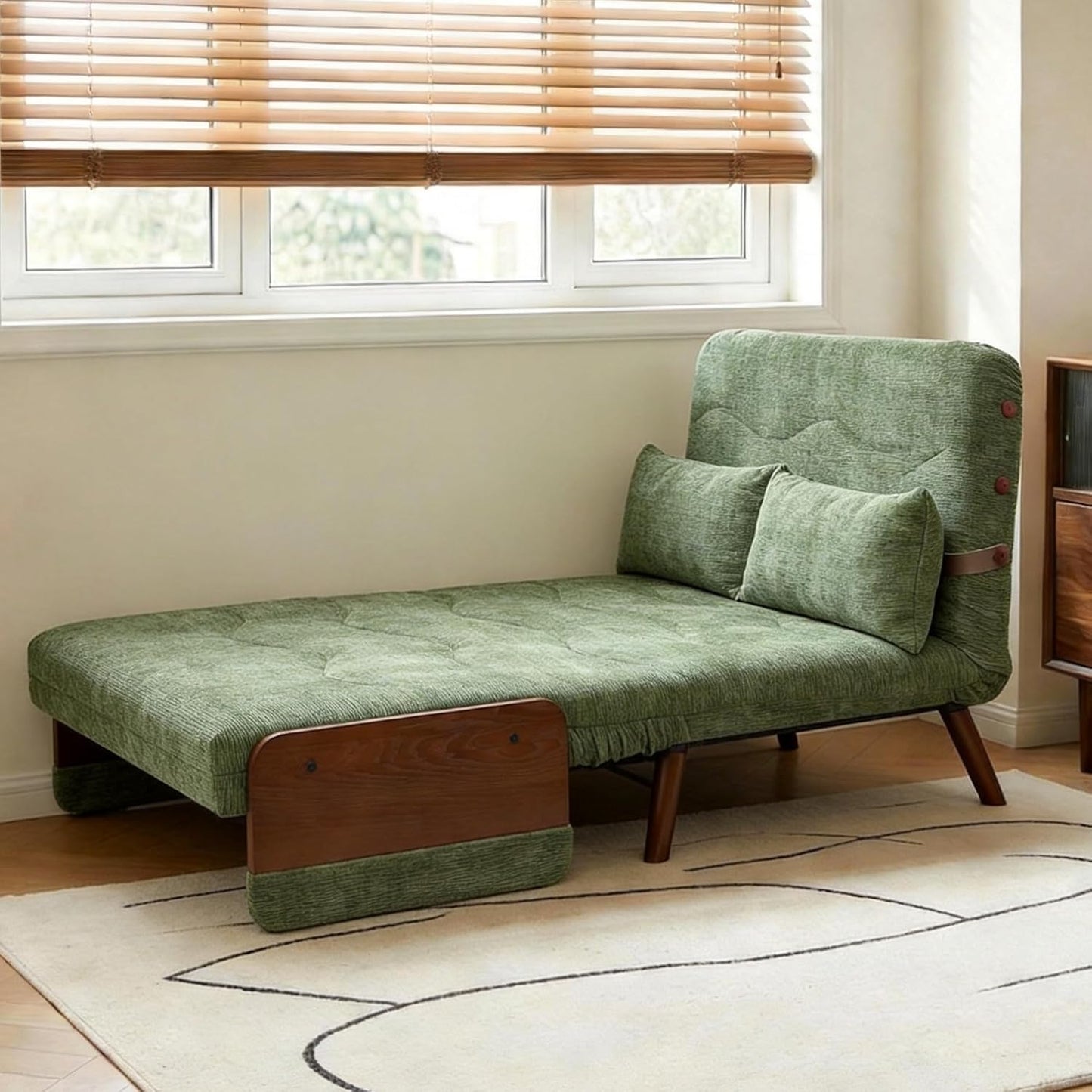 3-in-1 Sofa Bed Chair with Solid Wood Armrests and Legs, 110CM Green Velvet Design, Versatile Seating for Living Room and Guest Accommodation