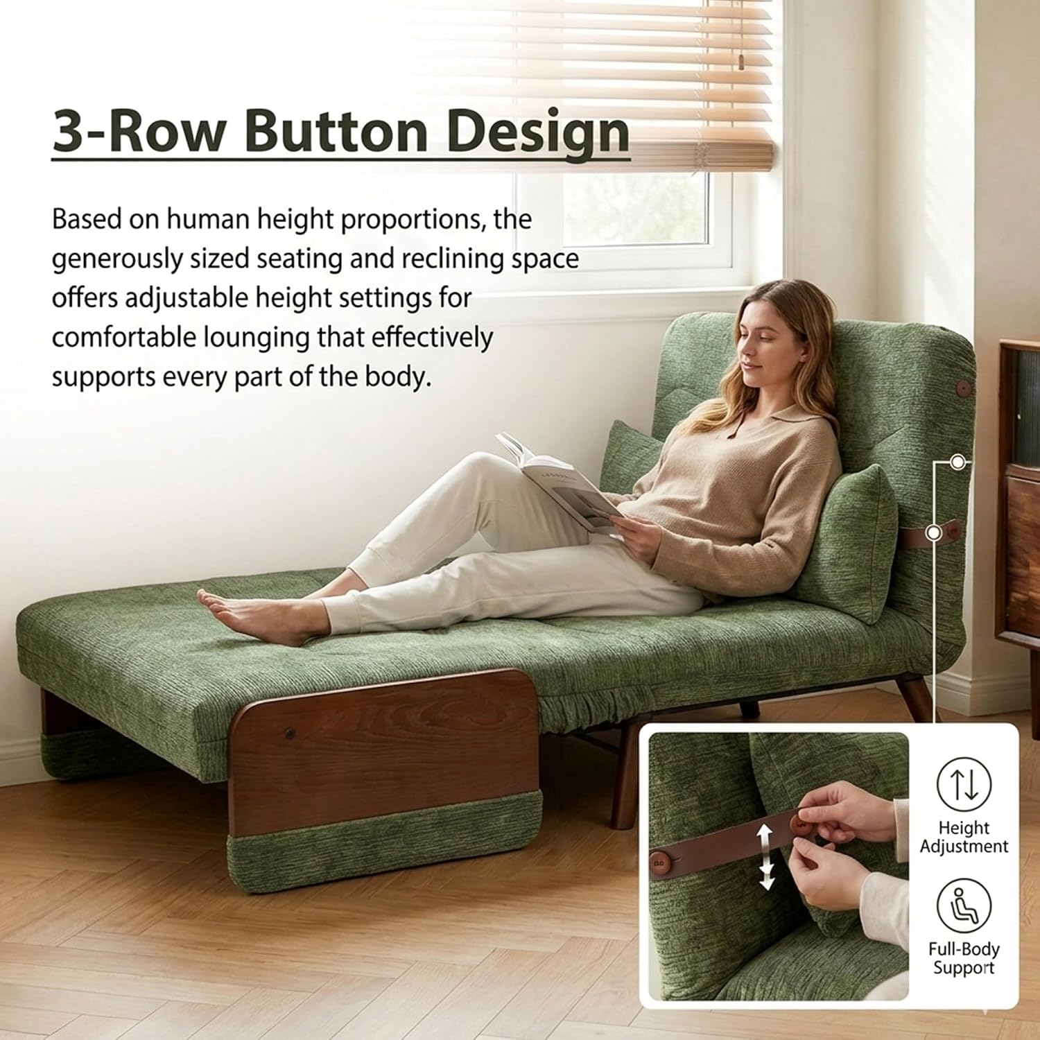 3-in-1 Sofa Bed Chair with Solid Wood Armrests and Legs, 110CM Green Velvet Design, Versatile Seating for Living Room and Guest Accommodation